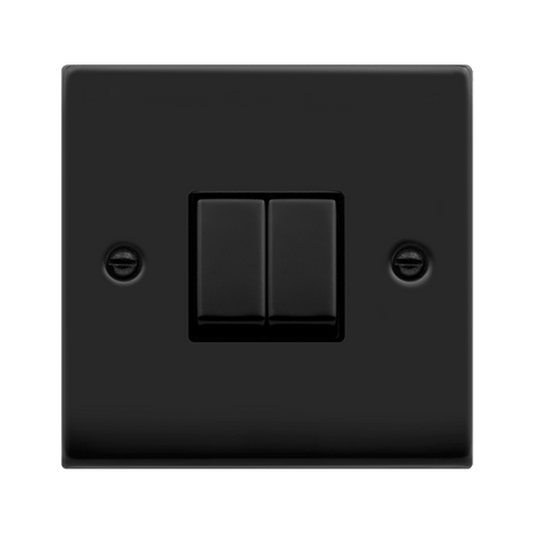 Matt Black - Black Inserts Matt Black 10A 2 Gang 2 Way Ingot Light Switch - Black Trim