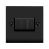 Matt Black - Black Inserts Matt Black 10A 3 Gang 2 Way Ingot Light Switch - Black Trim