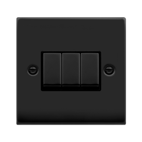 Matt Black - Black Inserts Matt Black 10A 3 Gang 2 Way Ingot Light Switch - Black Trim