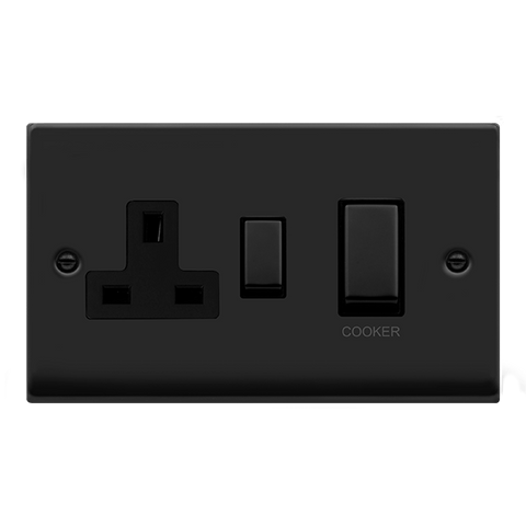 Matt Black Cooker Control Ingot 45A With 13A Switched Plug Socket - Black Trim - SE Home