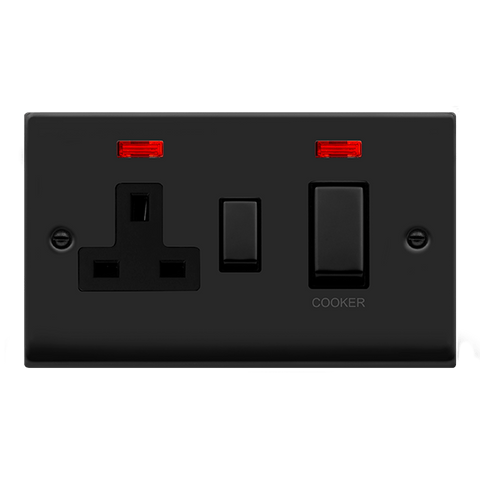 Matt Black Cooker Control Ingot 45A With 13A Switched Plug Socket & 2 Neons - Black Trim - SE Home