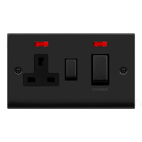 Matt Black - Black Inserts Matt Black Cooker Control Ingot 45A With 13A Switched Plug Socket & 2 Neons - Black Trim