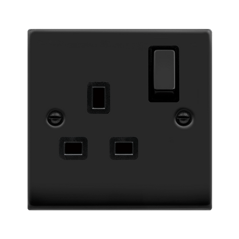 Matt Black - Black Inserts Matt Black 1 Gang 13A DP Ingot Switched Plug Socket - Black Trim