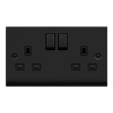 Matt Black 2 Gang 13A DP Ingot Twin Double Switched Plug Socket - Black Trim - SE Home