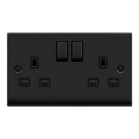 Matt Black - Black Inserts Matt Black 2 Gang 13A DP Ingot Twin Double Switched Plug Socket - Black Trim