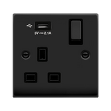 Matt Black 1 Gang 13A DP Ingot 1 USB Switched Plug Socket - Black Trim - SE Home