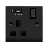 Matt Black - Black Inserts Matt Black 1 Gang 13A DP Ingot 1 USB Switched Plug Socket - Black Trim