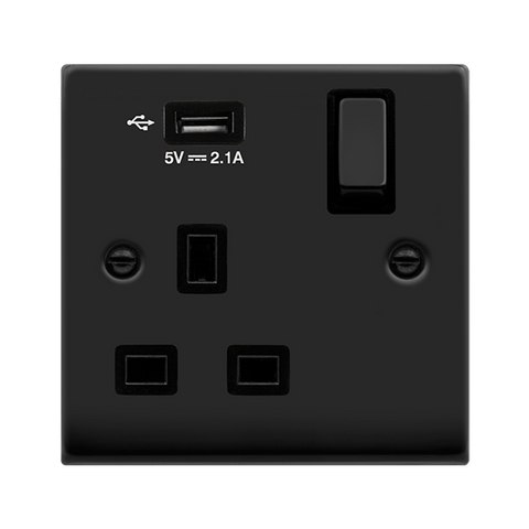 Matt Black 1 Gang 13A DP Ingot 1 USB Switched Plug Socket - Black Trim - SE Home