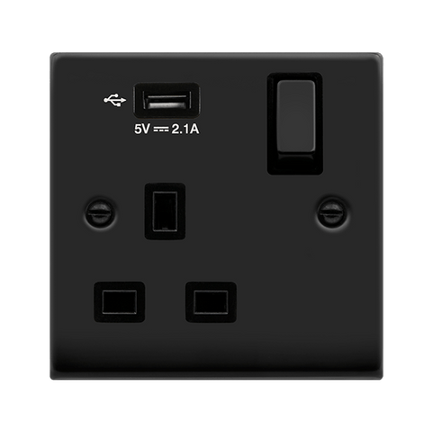 Matt Black - Black Inserts Matt Black 1 Gang 13A DP Ingot 1 USB Switched Plug Socket - Black Trim