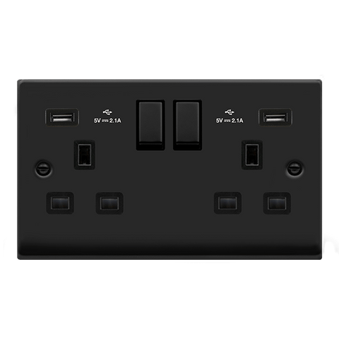 Matt Black - Black Inserts Matt Black 2 Gang 13A DP Ingot 2 USB Twin Double Switched Plug Socket - Black Trim