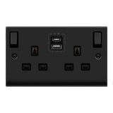 Matt Black 2 Gang 13A DP Ingot Type A & C USB Twin Double Switched Plug Socket - Black Trim - SE Home