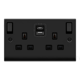 Matt Black - Black Inserts Matt Black 2 Gang 13A DP Ingot Type A & C USB Twin Double Switched Plug Socket - Black Trim