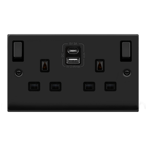 Matt Black 2 Gang 13A DP Ingot Type A & C USB Twin Double Switched Plug Socket - Black Trim - SE Home