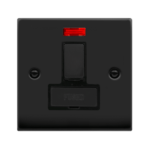 Matt Black 13A Fused Ingot Connection Unit Switched With Neon - Black Trim - SE Home