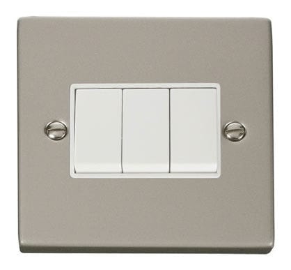 Pearl Nickel - White Inserts Pearl Nickel 10A 3 Gang 2 Way Light Switch - White Trim