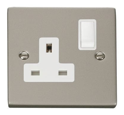 Pearl Nickel - White Inserts Pearl Nickel 1 Gang 13A DP Switched Plug Socket - White Trim
