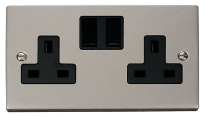 Pearl Nickel - Black Inserts Pearl Nickel 2 Gang 13A Twin Double Switched Plug Socket - Black Trim