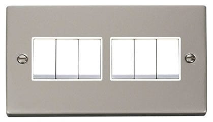 Pearl Nickel - White Inserts Pearl Nickel 10A 6 Gang 2 Way Light Switch - White Trim