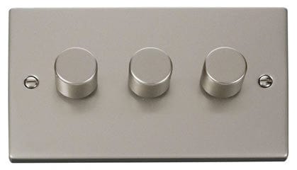 Pearl Nickel - Black Inserts Pearl Nickel 3 Gang 2 Way LED 100W Trailing Edge Dimmer Light Switch