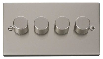 Pearl Nickel - Black Inserts Pearl Nickel 4 Gang 2 Way LED 100W Trailing Edge Dimmer Light Switch