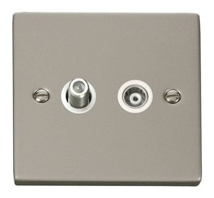 Pearl Nickel - White Inserts Pearl Nickel Satellite And Isolated Coaxial 1 Gang Socket - White Trim