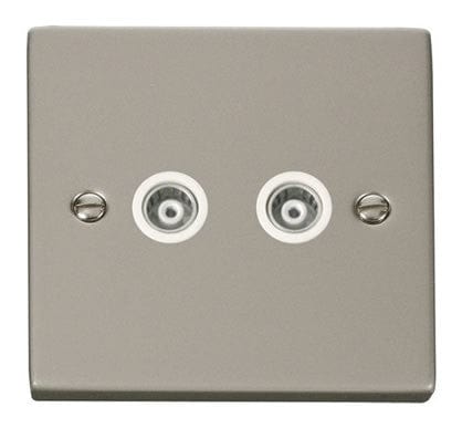 Pearl Nickel - White Inserts Pearl Nickel Twin Isolated Coaxial Socket - White Trim