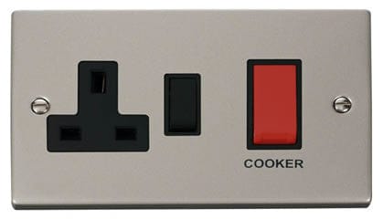 Pearl Nickel - Black Inserts Pearl Nickel Cooker Control 45A With 13A Switched Plug Socket - Black Trim