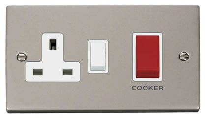 Pearl Nickel - White Inserts Pearl Nickel Cooker Control 45A With 13A Switched Plug Socket - White Trim