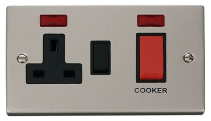 Pearl Nickel - Black Inserts Pearl Nickel Cooker Control 45A With 13A Switched Plug Socket & 2 Neons - Black Trim