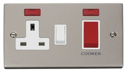 Pearl Nickel - White Inserts Pearl Nickel Cooker Control 45A With 13A Switched Plug Socket & 2 Neons - White Trim