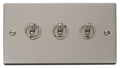 Pearl Nickel - White Inserts Pearl Nickel 3 Gang 2 Way 10AX Toggle Light Switch