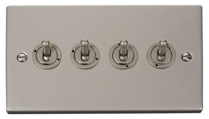 Pearl Nickel - White Inserts Pearl Nickel 4 Gang 2 Way 10AX Toggle Light Switch