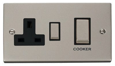 Pearl Nickel - Black Inserts Pearl Nickel Cooker Control Ingot 45A With 13A Switched Plug Socket - Black Trim