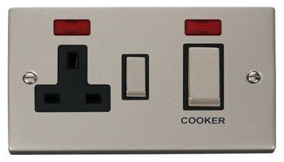 Pearl Nickel - Black Inserts Pearl Nickel Cooker Control Ingot 45A With 13A Switched Plug Socket & 2 Neons - Black Trim