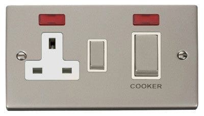 Pearl Nickel - White Inserts Pearl Nickel Cooker Control Ingot 45A With 13A Switched Plug Socket & 2 Neons - White Trim