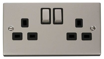 Pearl Nickel 2 Gang 13A DP Ingot Twin Double Switched Plug Socket - Black Trim - SE Home
