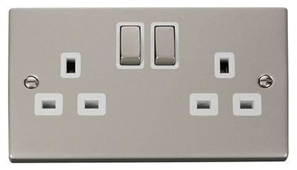 Pearl Nickel 2 Gang 13A DP Ingot Twin Double Switched Plug Socket - White Trim - SE Home