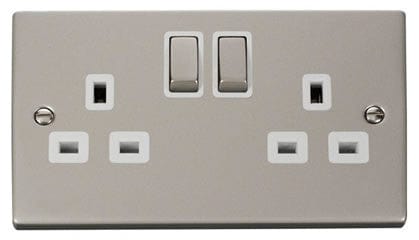 Pearl Nickel - White Inserts Pearl Nickel 2 Gang 13A DP Ingot Twin Double Switched Plug Socket - White Trim