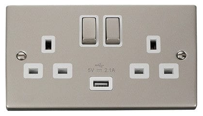Pearl Nickel 2 Gang 13A DP Ingot 1 USB Twin Double Switched Plug Socket - White Trim - SE Home