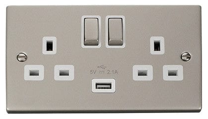 Pearl Nickel - White Inserts Pearl Nickel 2 Gang 13A DP Ingot 1 USB Twin Double Switched Plug Socket - White Trim