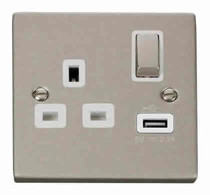Pearl Nickel - White Inserts Pearl Nickel 1 Gang 13A DP Ingot 1 USB Switched Plug Socket - White Trim