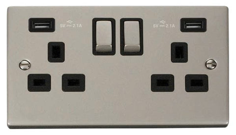 Pearl Nickel 2 Gang 13A DP Ingot 2 USB Twin Double Switched Plug Socket - Black Trim - SE Home