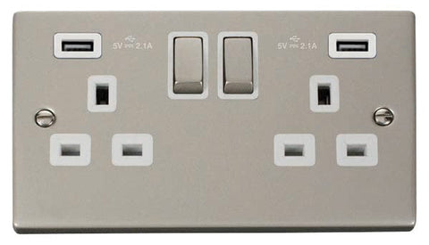 Pearl Nickel 2 Gang 13A DP Ingot 2 USB Twin Double Switched Plug Socket - White Trim - SE Home