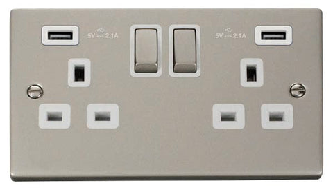 Pearl Nickel - White Inserts Pearl Nickel 2 Gang 13A DP Ingot 2 USB Twin Double Switched Plug Socket - White Trim