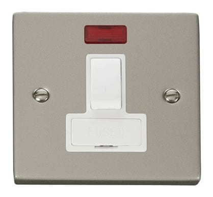 Pearl Nickel - White Inserts Pearl Nickel 13A Fused Connection Unit Switched With Neon - White Trim