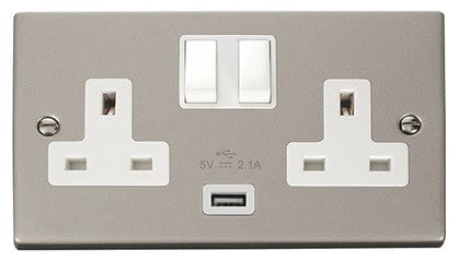 Pearl Nickel - White Inserts Pearl Nickel 2 Gang 13A 1 USB Twin Double Switched Plug Socket - White Trim
