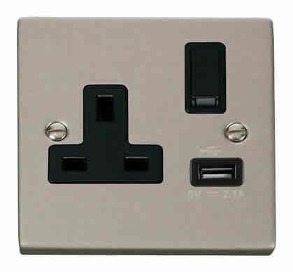 Pearl Nickel - Black Inserts Pearl Nickel 1 Gang 13A DP 1 USB Switched Plug Socket - Black Trim
