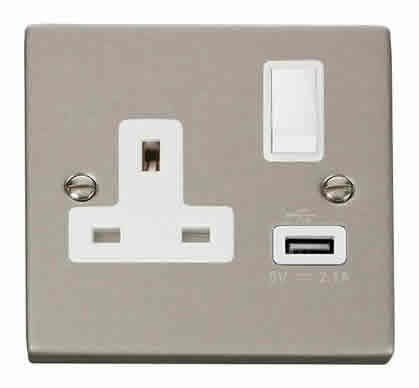 Pearl Nickel - White Inserts Pearl Nickel 1 Gang 13A DP 1 USB Switched Plug Socket - White Trim