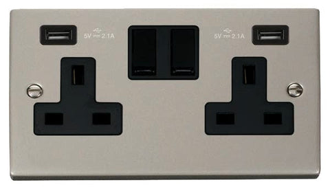 Pearl Nickel - Black Inserts Pearl Nickel 2 Gang 13A 2 USB Twin Double Switched Plug Socket - Black Trim