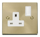 Satin Brass - White Inserts Satin Brass 1 Gang 13A DP Switched Plug Socket - White Trim